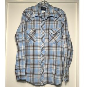 Wrangler Mens Western Shirt Large Blue Brown Plaid Pearl Snap Long Sleeve 752DP